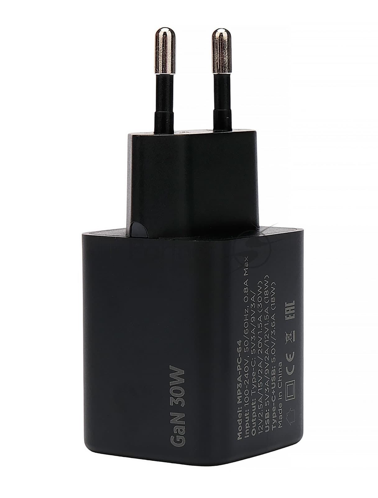 Зарядное устройство Cablexpert MP3A-PC-64, 30Вт GaN, 3А, QC4.0/PD, 1xUSB, 1xType-C, черный, пакет
