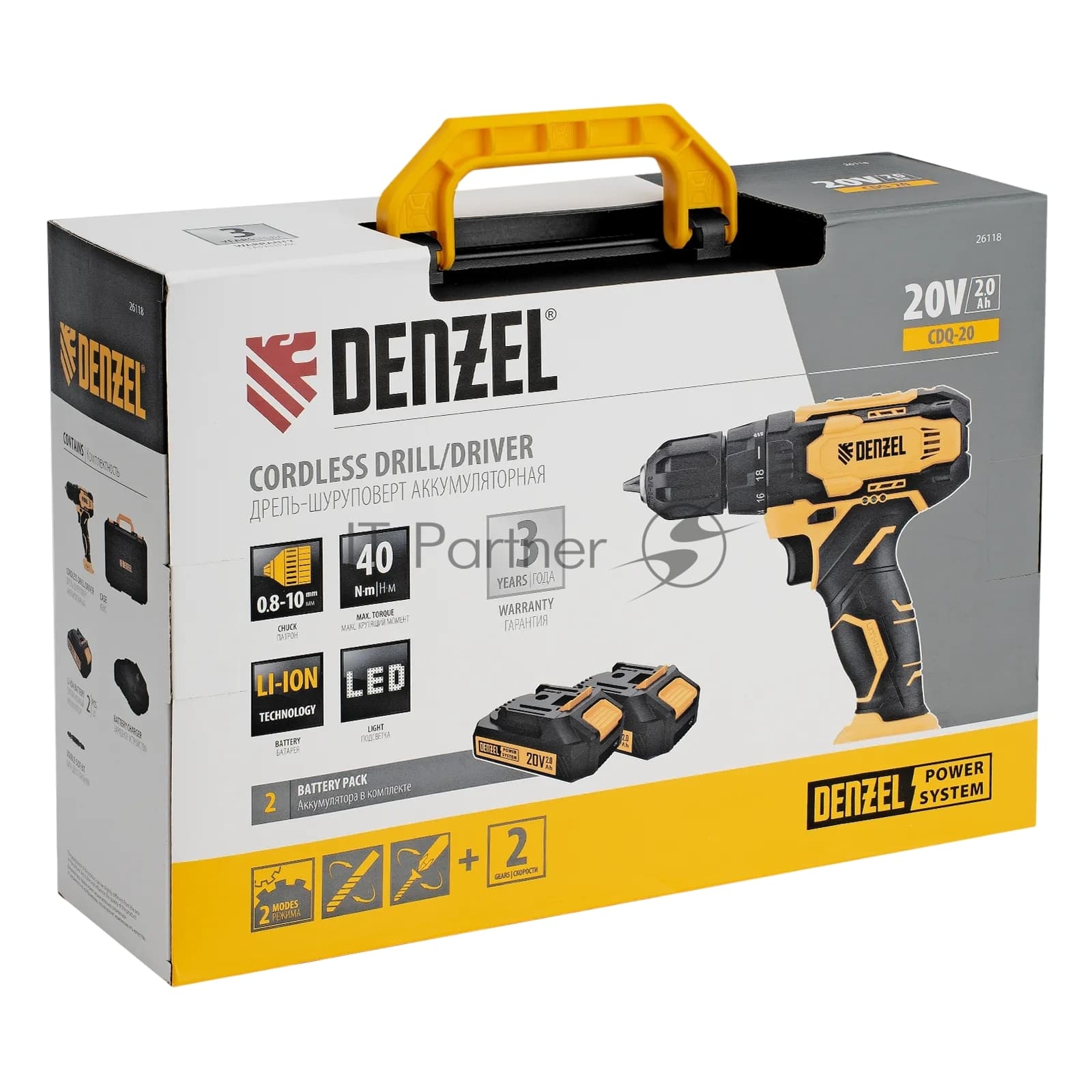 Дрель-шуруповерт Denzel CDQ-20, 20 В, 2 Ач, 40 Нм, щеточный