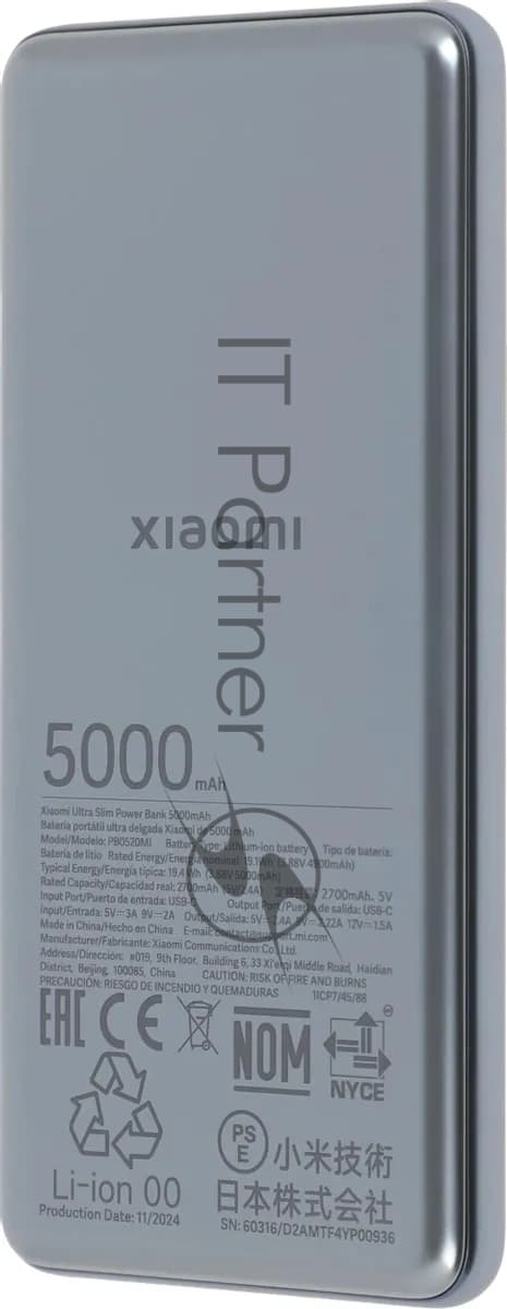 Мобильный аккумулятор Xiaomi Ultra Slim 5000mAh QC/PD 20W 2.4A USB-C серый (BHR9535GL)