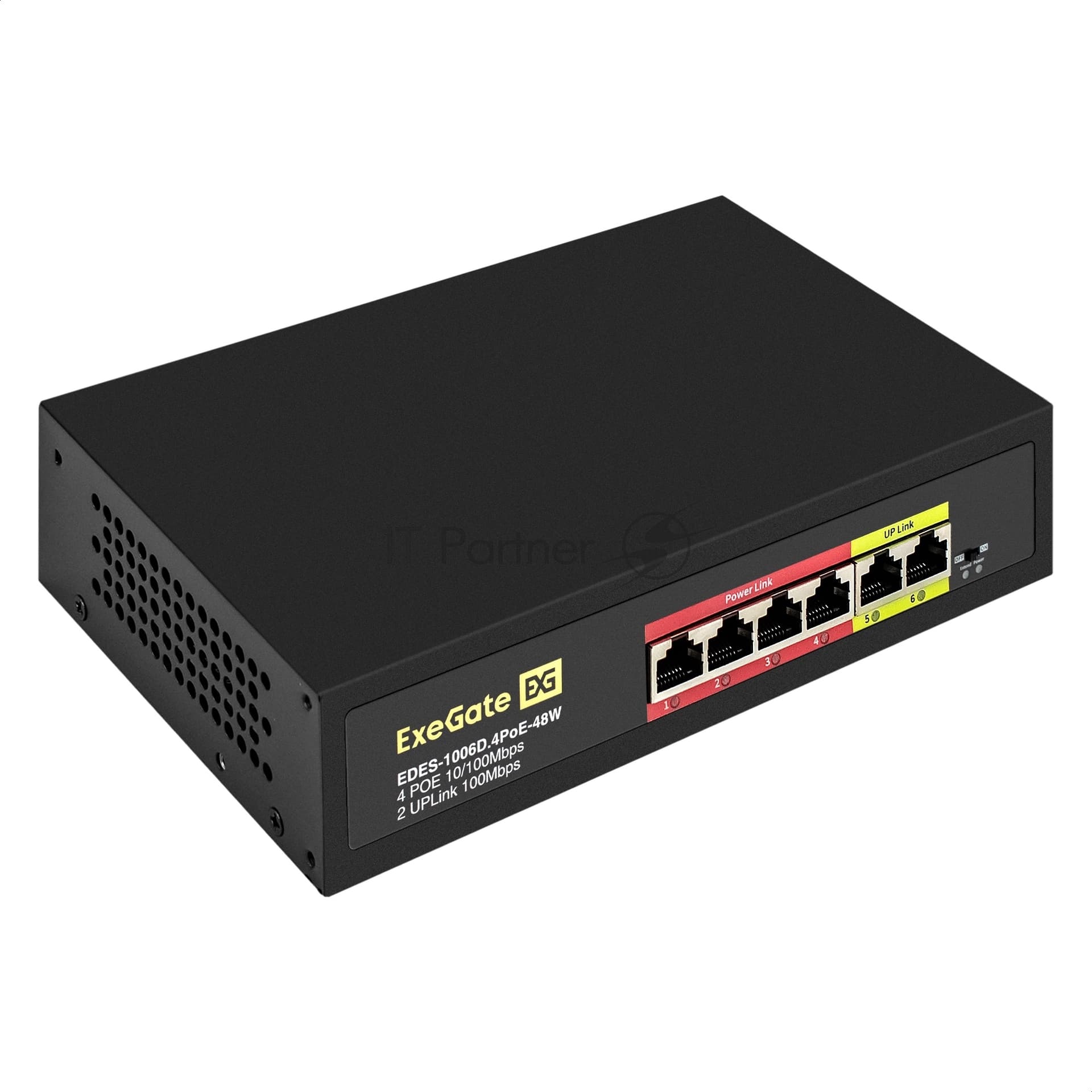 Коммутатор неуправляемый ExeGate EDES-1006D.4PoE-48W (6-портовый UTP 10/100 Base-Tx: 4 порта 802.3af (PoE), мощность PoE: 25W, суммарно 48W, 2 порта RJ45 uplink, настенный/настольный, металлический корпус)