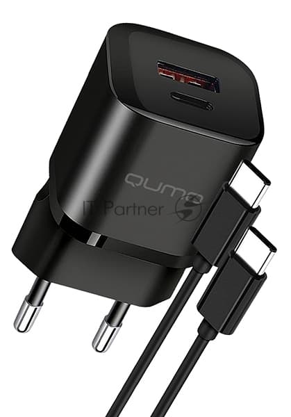 Сетевое зарядное устройство Qumo Energy PD 20Вт (модель 0109), Type-C PD + USB-A QC3.0,+ кабель 1м. Type-C на Type-C, черный