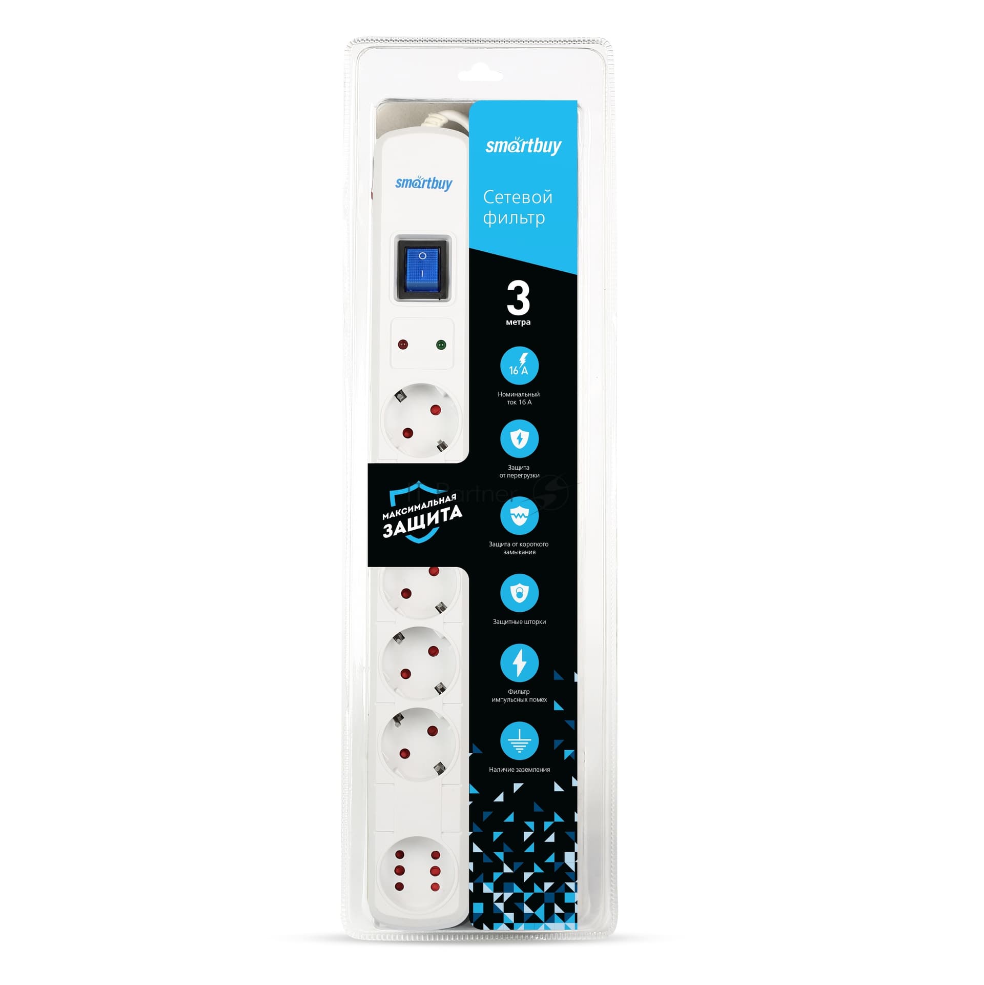 Сетевой фильтр Smartbuy (SBSP-30W-Pro) - 6 роз х 3,0 м- белый