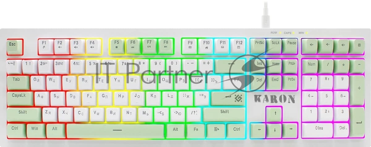 Defender Игровая клавиатура проводная Karon GK-129 RU, бел/зел,108кн+FN, радуж,1.5м.