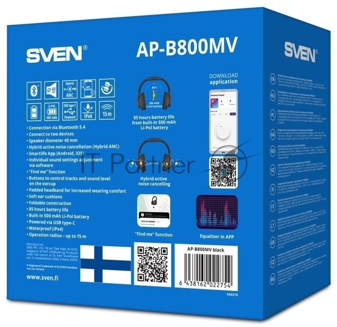 Беспроводные стереонаушники с микрофоном SVEN AP-B800MV, черный (Bluetooth, hybrid ANC, APP, 4 mics 500mAh)