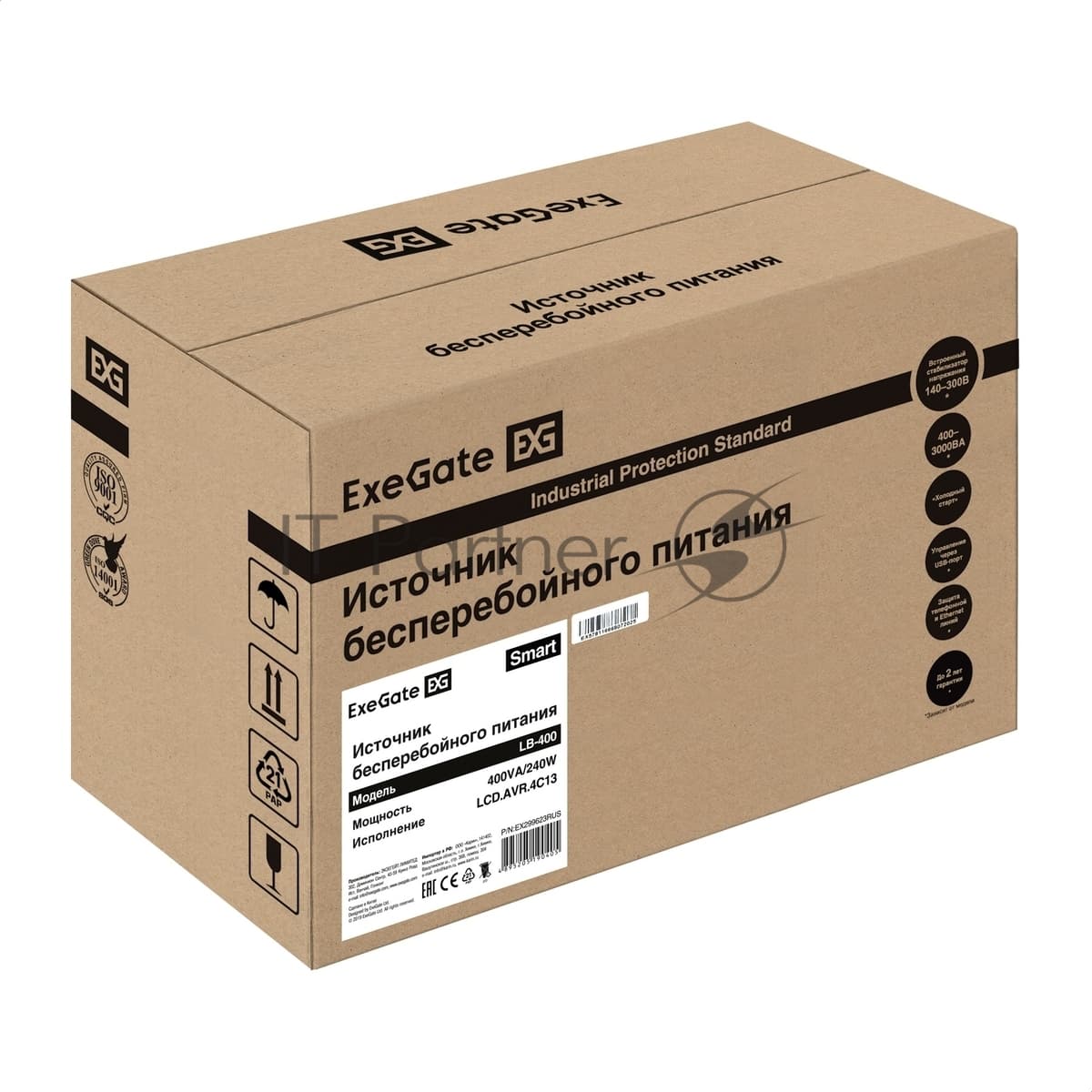 Источник бесперебойного питания ExeGate Smart LB-400.LCD.AVR.4C13 (400VA/240W, LCD, AVR, 4*C13, батарея 12V 4.5Ah, Black)