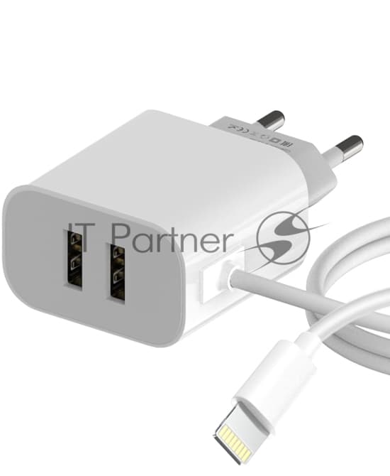 Сетевое зарядное устройство Maxvi CHL-242L 2хUSB 2.4A + литой кабель Lightning 1.2м, белый