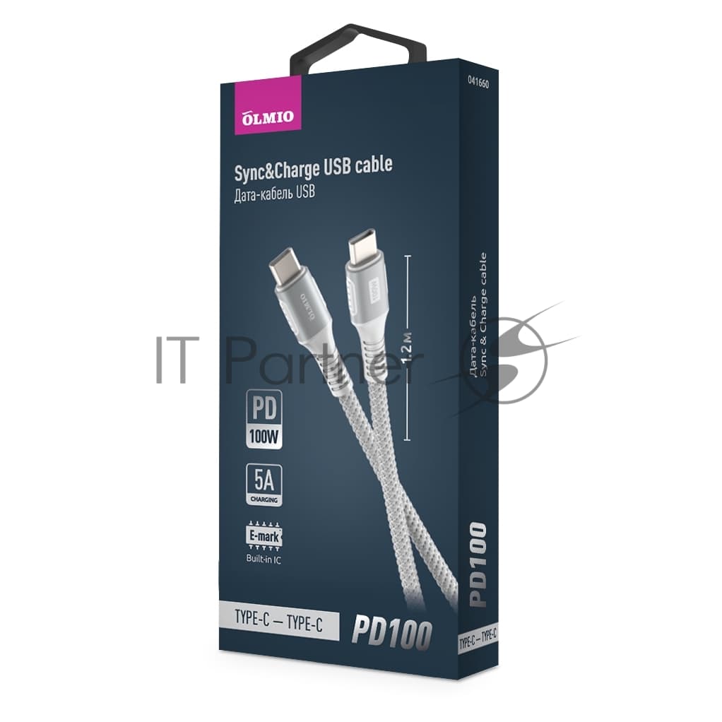 Кабель OLMIO PD100, Type-C - Type-C, PD 100W, USB2.0, 1.2м, тканевая оплетка, белый