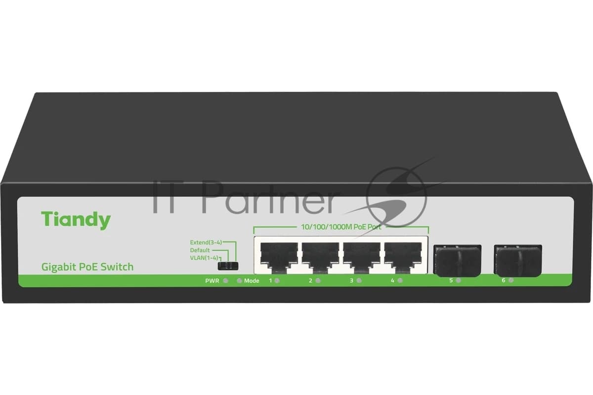 Tiandy TC-P3S06 H/0402/AT/60/V2.0 Коммутатор PoE 4 порта 802.3at 60Вт