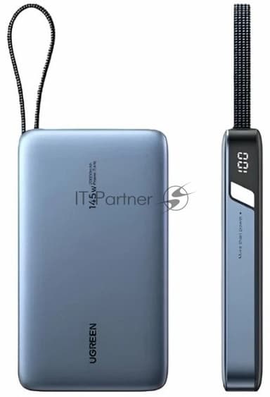 Портативный аккумулятор UGREEN PB551 55992B 145W Power Bank 0mAh USB-C&USB-A со встроенным кабелем USB-C. Цвет: серый космос