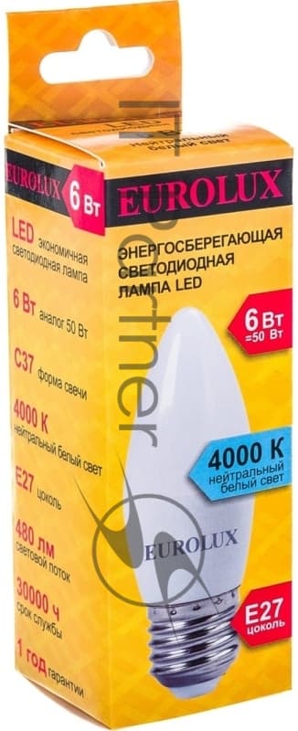 Лампа светодиодная EUROLUX LL-E-C37-6W-230-4K-E27 свеча