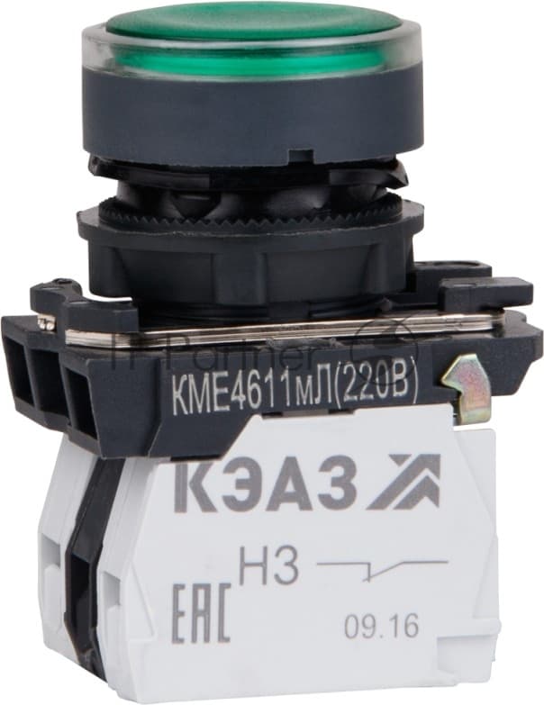 Кнопка КМЕ4611мЛ-24В-зеленый-1но+1нз-цилиндр-индикатор-IP65-КЭАЗ