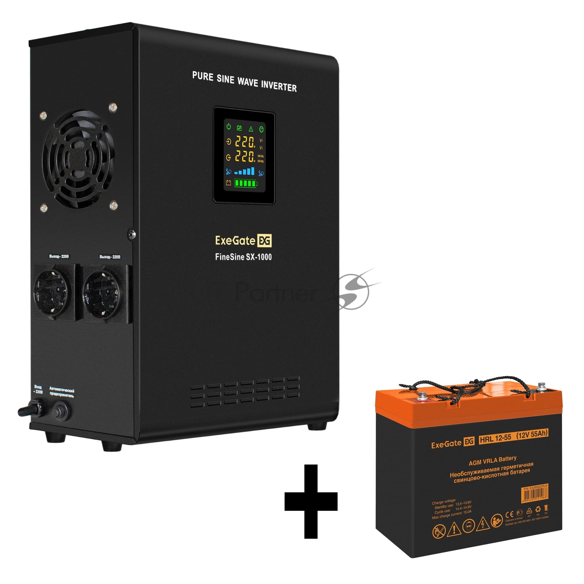 ИБП + батарея ExeGate FineSine SX-1000.LCD.AVR.2SH + HRL 12-55 (55Ач)
