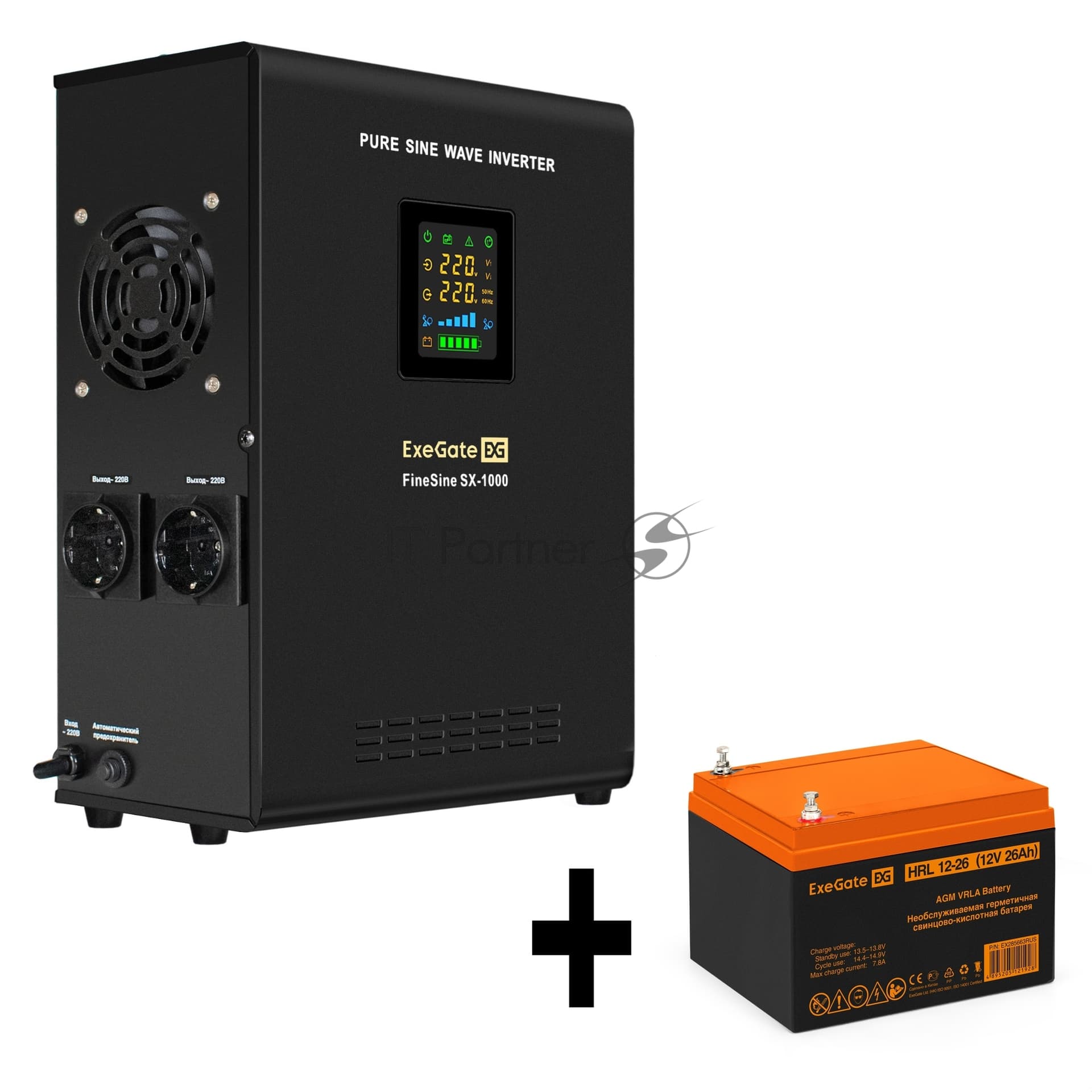 ИБП + батарея ExeGate FineSine SX-1000.LCD.AVR.2SH + HRL 12-26 (26Ач)