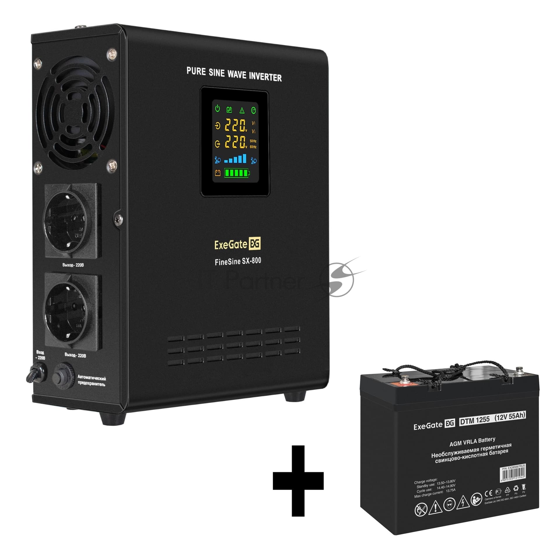ИБП + батарея ExeGate FineSine SX-800.LCD.AVR.2SH + DTM 1255 (55Ач)