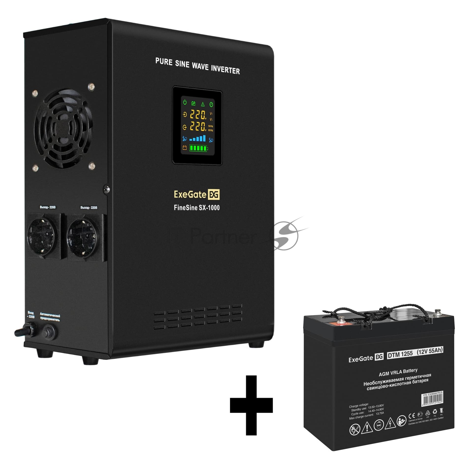 ИБП + батарея ExeGate FineSine SX-1000.LCD.AVR.2SH + DTM 1255 (55Ач)