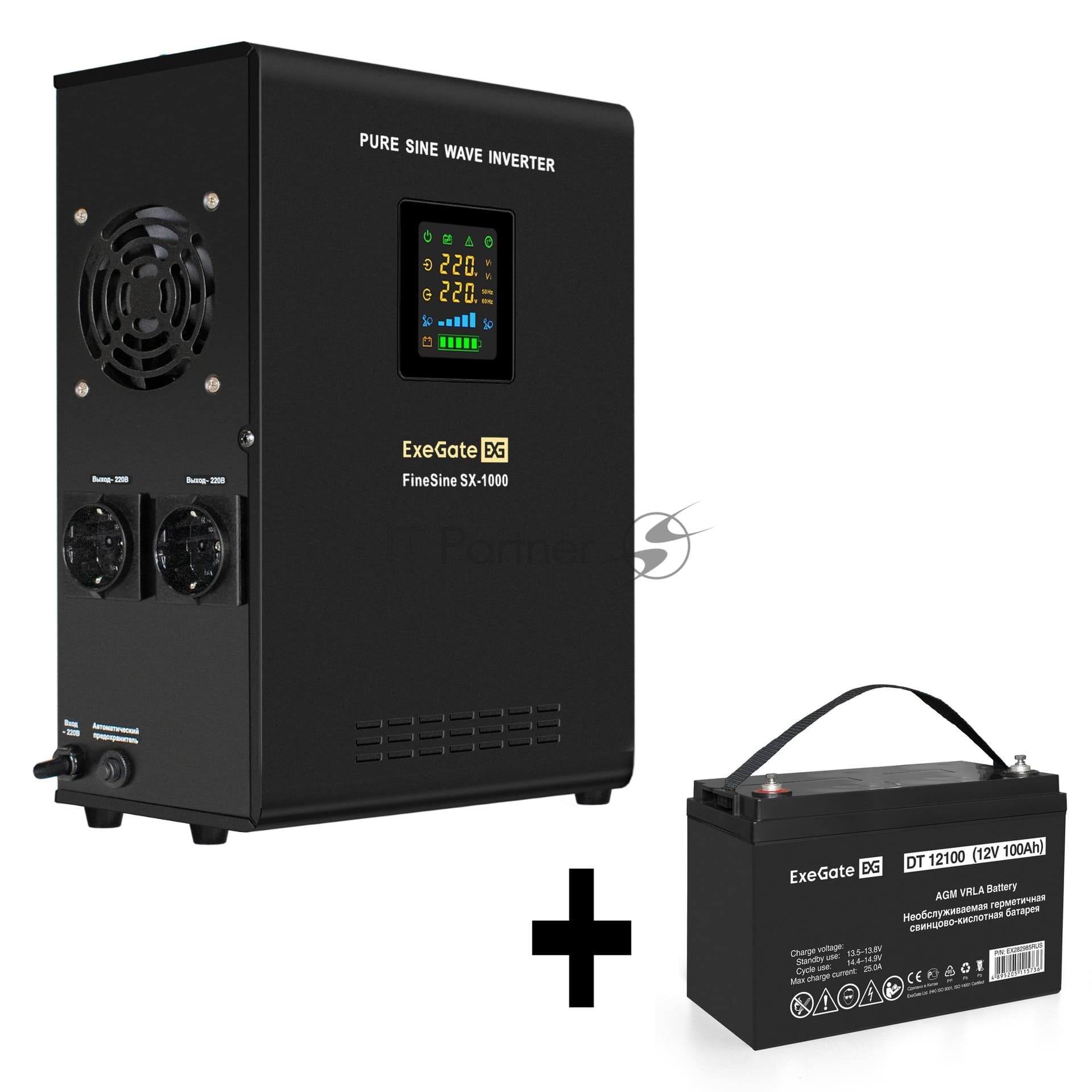 ИБП + батарея ExeGate FineSine SX-1000.LCD.AVR.2SH + DT 12100 (100Ач)