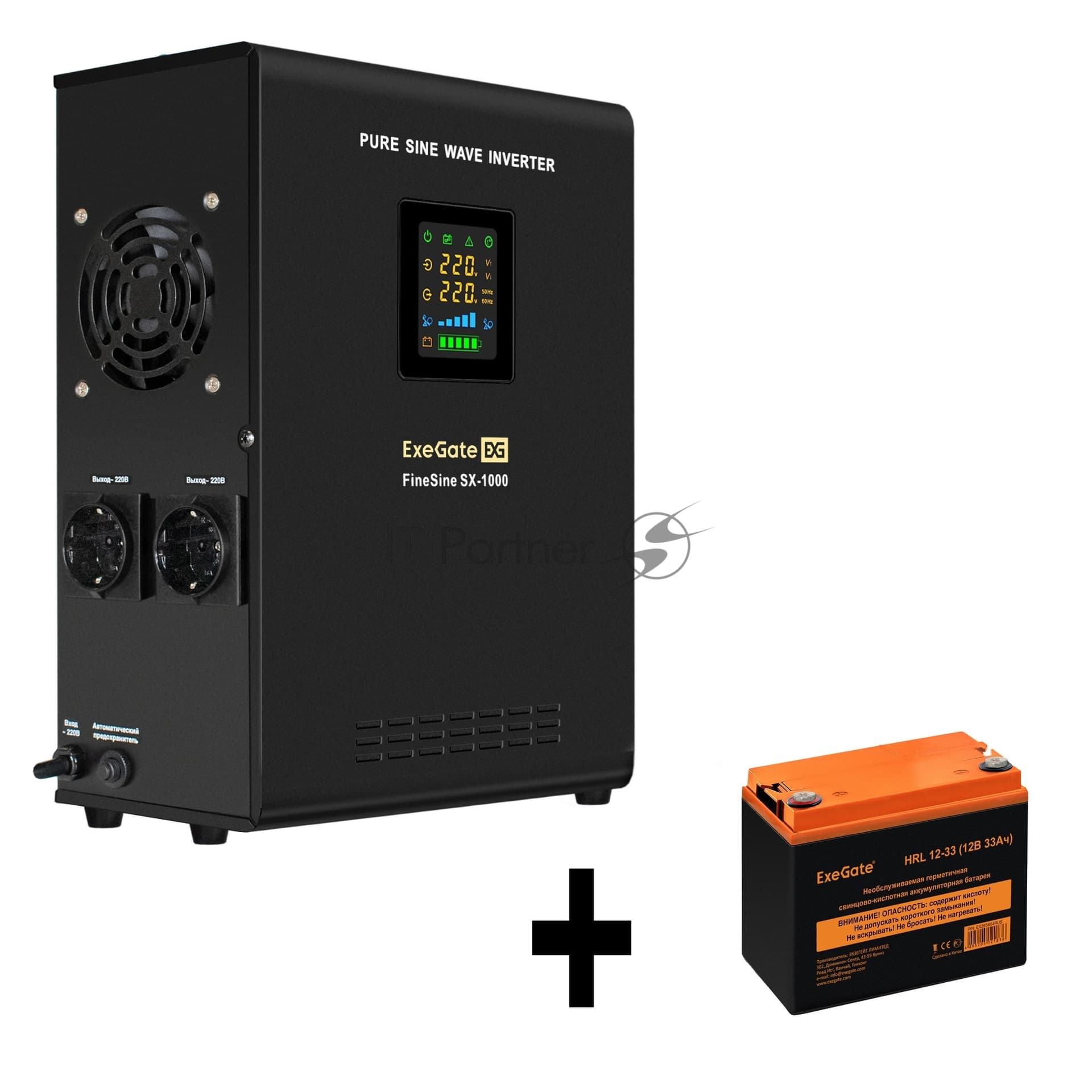 ИБП + батарея ExeGate FineSine SX-1000.LCD.AVR.2SH + HRL 12-33 (33Ач)