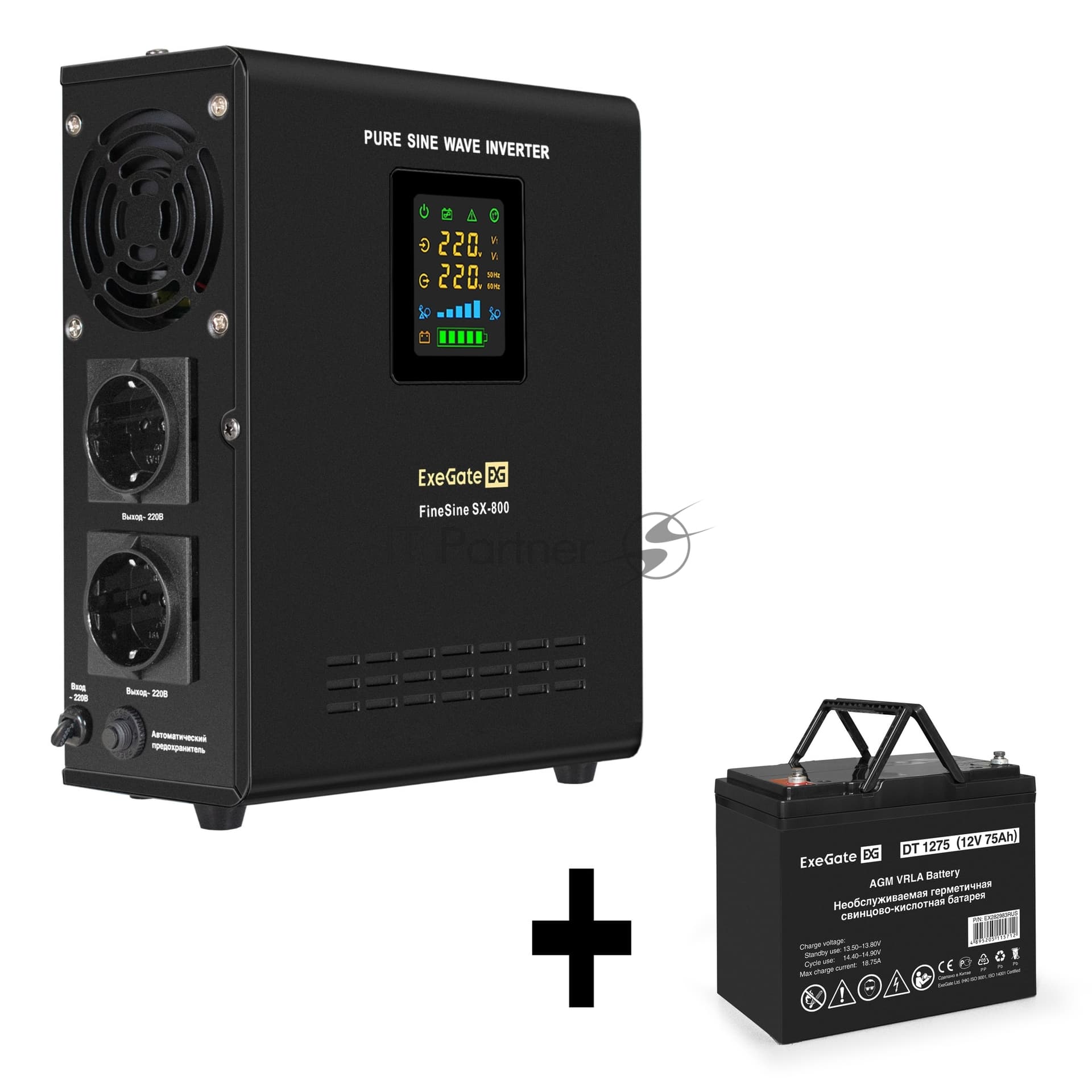 ИБП + батарея ExeGate FineSine SX-800.LCD.AVR.2SH + DT 1275 (75Ач)