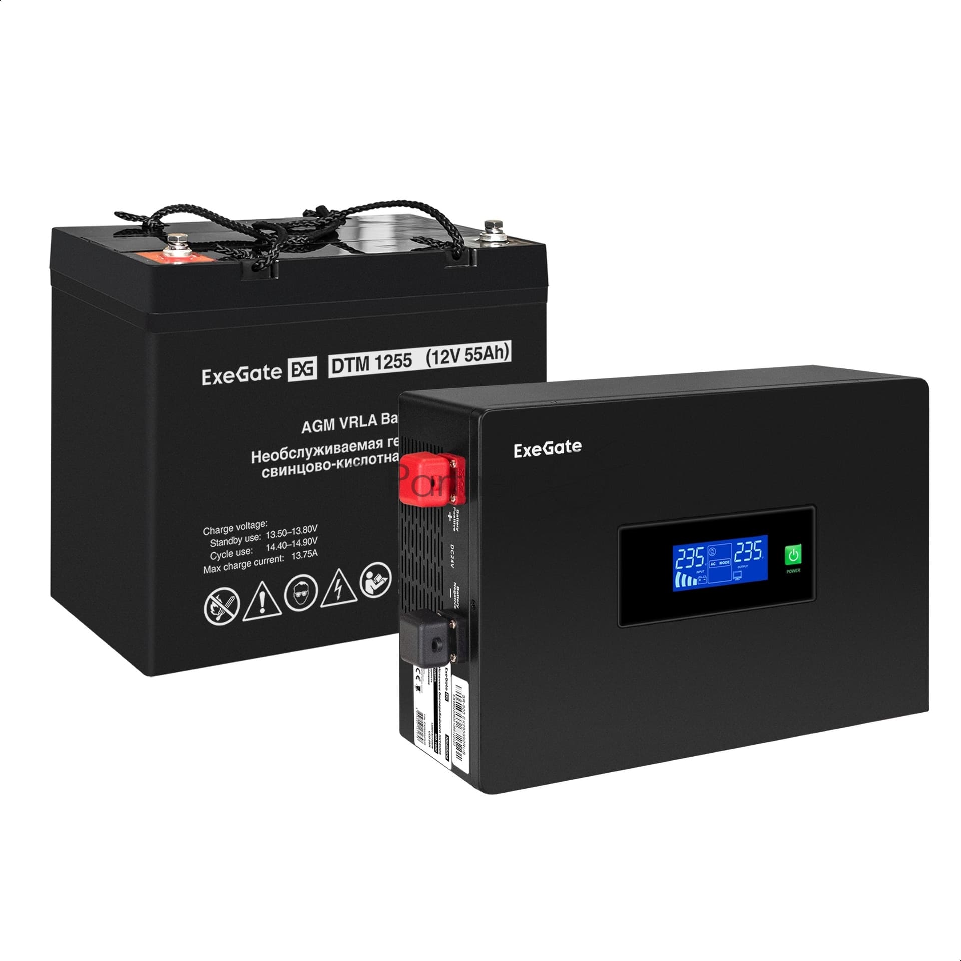 Комплект Источник бесперебойного питания EX295992RUS + батарея 55Aч EX285667RUS 1шт (инвертор, синус, для котла, PF=1, настенный) ExeGate IdealSine SR-600.LCD.2SH <600VA/600W, чистая синусоида, цветной LCD-дисплей, 2*Schuko, крепление настенное, черный> + батарея ExeGate DTM 1255 (12В, 55А·ч) 1шт