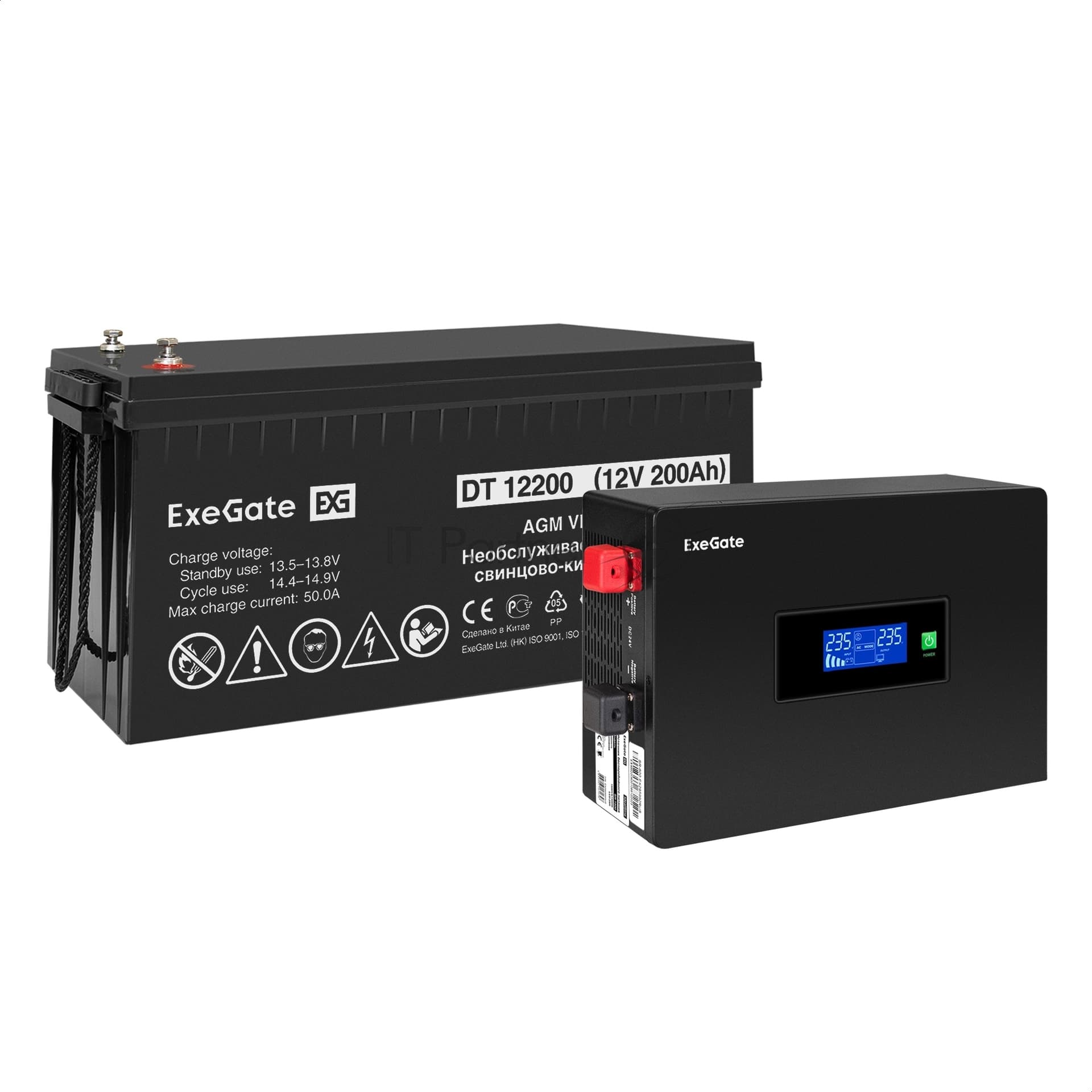 Комплект Источник бесперебойного питания EX295992RUS + батарея 200Aч EX282991RUS 1шт (инвертор, синус, для котла, PF=1, настенный) ExeGate IdealSine SR-600.LCD.2SH <600VA/600W, чистая синусоида, цветной LCD-дисплей, 2*Schuko, крепление настенное, черный> + батарея ExeGate DT 12200 (12В, 200А·ч) 1шт