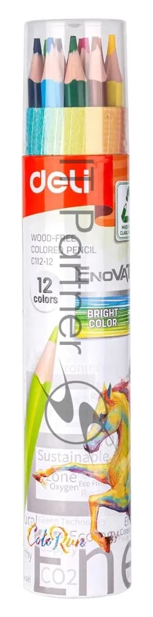 Карандаши цветные Deli EC112-12 Enovation, трехгранный профиль, пластик 12 цветов, картонный тубус (12шт)