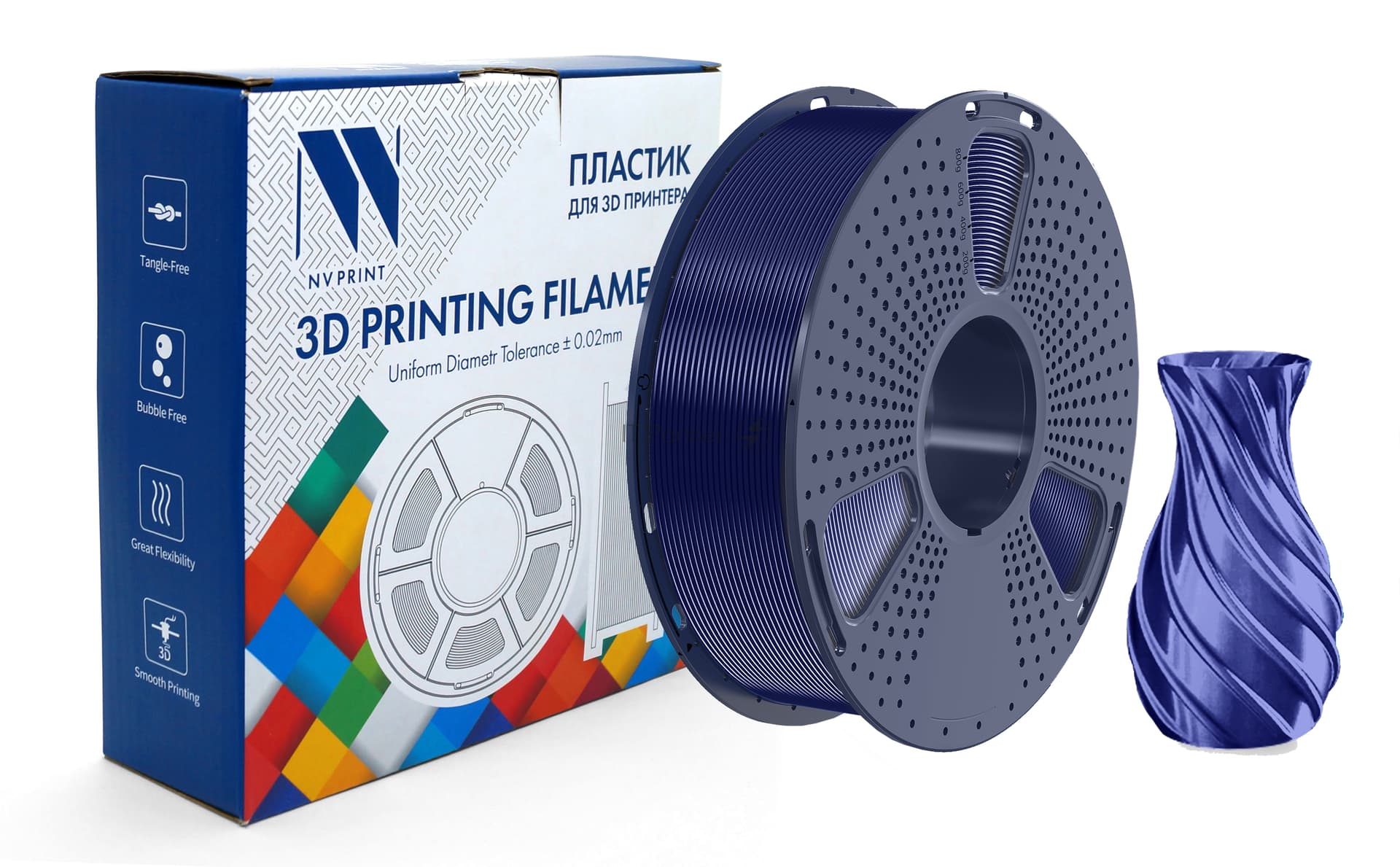 -/ Филамент NVPRINT TPU Silk Dark Blue для 3D печати диаметр 1.75мм длина 330 метров масса 1 кг