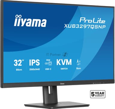 Монитор 32" Iiyama ProLite XUB3297QSNP-B1 IPS QHD, 100 Гц, 1 мс (MPRT), 16:9, 350 кд/м², HDMI 2.0, DP 1.4, USB-C (95 Вт PD), встроенные динамики (2x2.5 Вт), KVM-модуль, поворотная подставка, черный