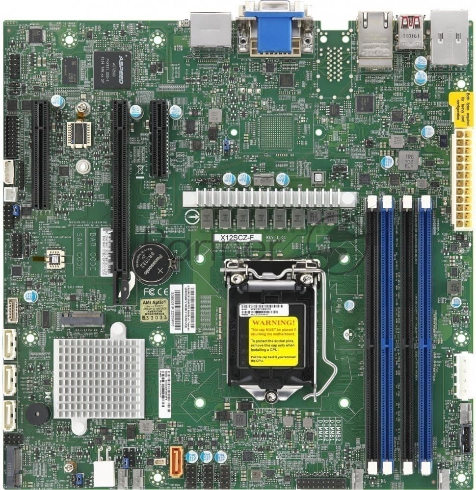 Материнская плата SuperMicro MBD-X12SCZ-F-O, LGA1200, Intel W480E, 4xDDR4, 4xSATA, 1xM.2, 1xPCIe x16, 2xPCIe x4, 1xPCIe x1, 2xRJ45, 1xDVI-D, 2xDP, 1xVGA, 1xCOM, 1xDOM, TPM 2.0, 6xUSB 2.0 (внутренние), 1xM.2 (E-Key для Wi-Fi), mATX (OEM)