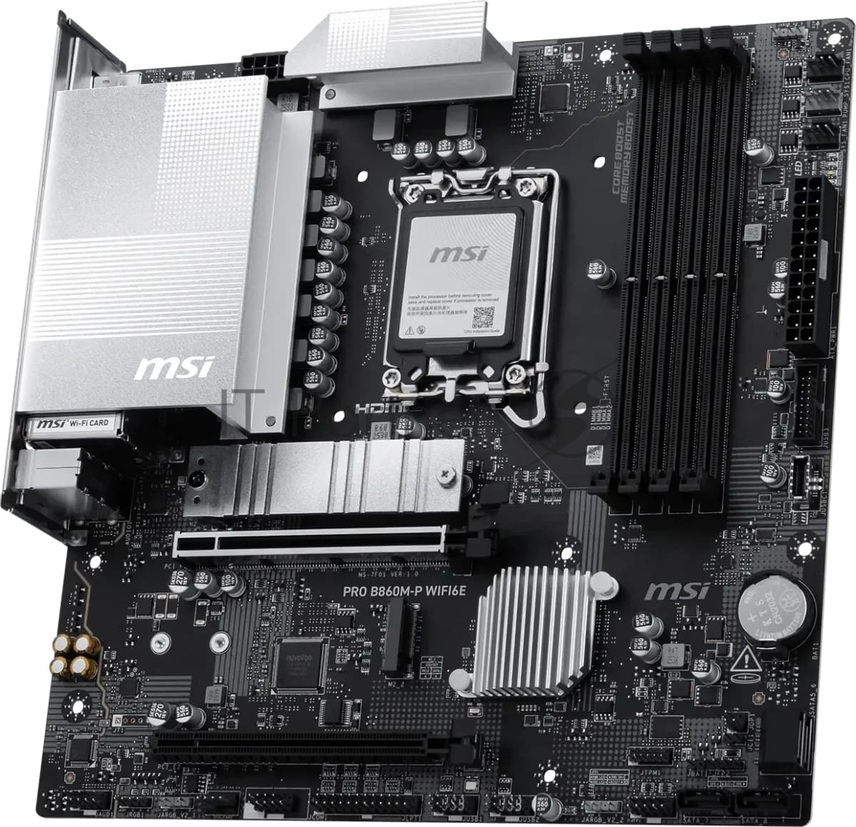 Материнская плата MSI PRO B860M-P WIFI6E, LGA 1851, Intel B860, 4xDDR5 (до 256 ГБ), 4xSATA, 2xM.2 (1xPCIe 5.0, 1xPCIe 4.0), 1xPCIe 5.0 x16, 1xPCIe 4.0 x16, 1xVGA, 1xHDMI, 2xDP, 1x2.5Gb LAN, Wi-Fi 6E, Bluetooth 5.3, 3xUSB-A 5Gbps, 2xUSB-A 2.0, 3x3.5 мм, 7.1, чёрный, mATX