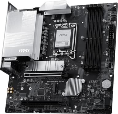 Материнская плата MSI PRO B860M-P WIFI6E, LGA 1851, Intel B860, 4xDDR5 (до 256 ГБ), 4xSATA, 2xM.2 (1xPCIe 5.0, 1xPCIe 4.0), 1xPCIe 5.0 x16, 1xPCIe 4.0 x16, 1xVGA, 1xHDMI, 2xDP, 1x2.5Gb LAN, Wi-Fi 6E, Bluetooth 5.3, 3xUSB-A 5Gbps, 2xUSB-A 2.0, 3x3.5 мм, 7.1, чёрный, mATX