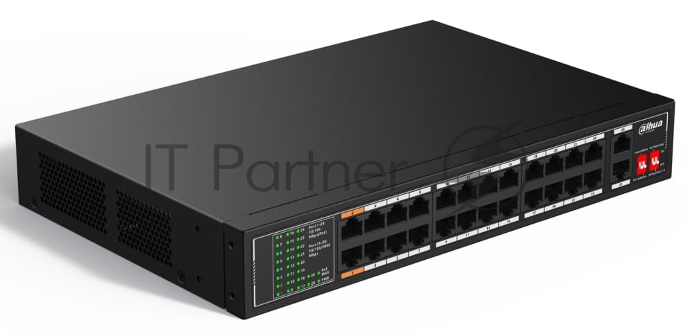 Коммутатор Dahua 26-port 10/100M RJ45 24-port PoE Switch, 190W, Metal case