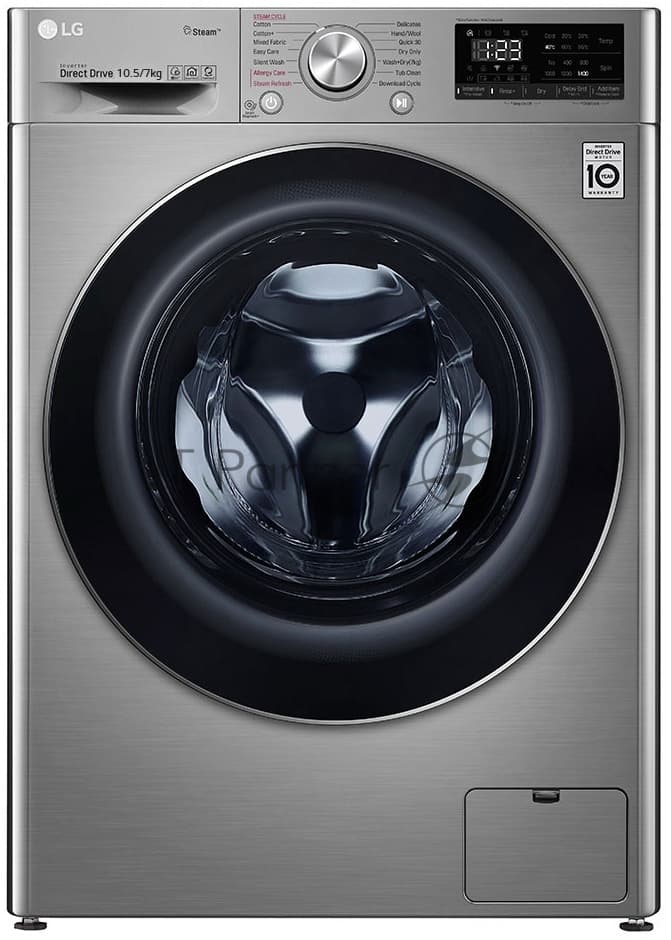 Стиральная машина LG F4V5RGP2T серебристая, загрузка фронтальная 10.5 кг, 1400 об/мин, класс A