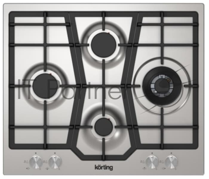 Встраиваемая варочная панель Korting/ Газ, Steel Pro, 60x51 см, газовая, независимая, ромбовидное расположение конфорок, электроподжиг, газ-контроль, чугунные решетки, адаптер для WOK-конфорки, нержавеющая сталь