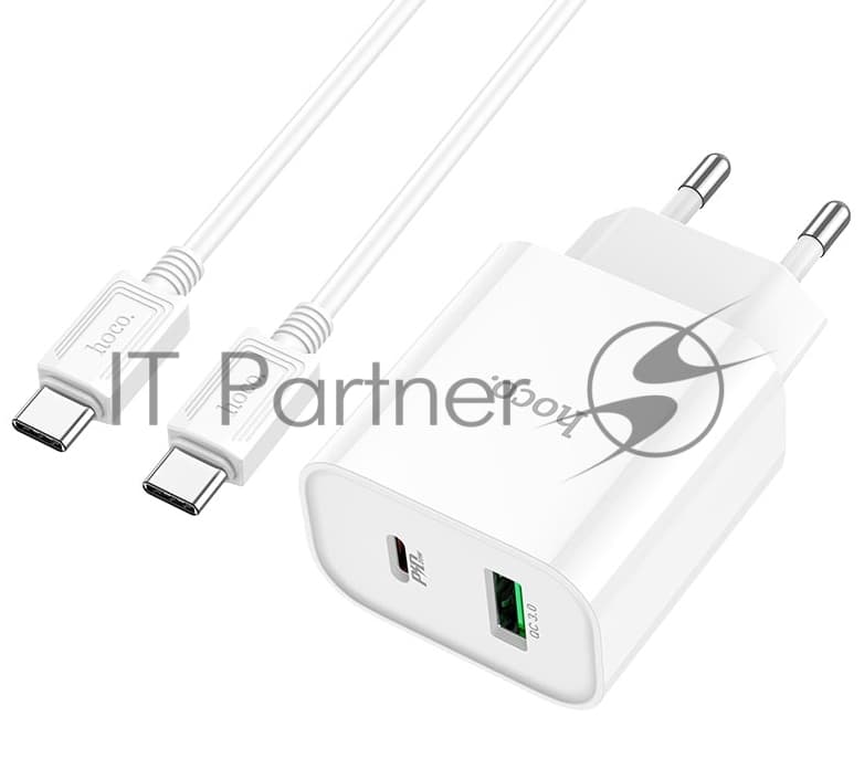 Блок питания (сетевой адаптер) HOCO C80A Plus с кабелем Type-C-Type-C, QC3.0, 20W, белый