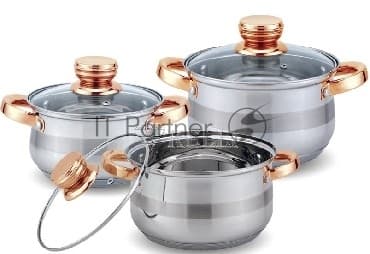 Набор посуды Kelli KL-4216 6 пред. (Кастрюля с жаропрочной стекл. крышкой 2.1 л. Кастрюля с жаропрочной стекл. крышкой 3 л. Кастрюля с жаропрочной стекл. крышкой 4 л. Мерная шкала внутри. Высококачественная нерж. сталь 18/10. 5-ти слойное капсульное дно.)