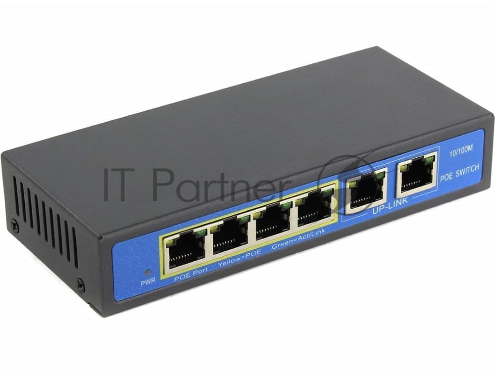 ORIENT SWP-7504POE/2P, PoE коммутатор 4 порта, 4xPoE 100Mbps + 2xUplink 100Mbps, Bandwidth 1.2Gbps, PoE-A (1/2+,3/6-), IEEE802.3af/at, мощность до 96Вт, дальность 100 метров, внешний БП