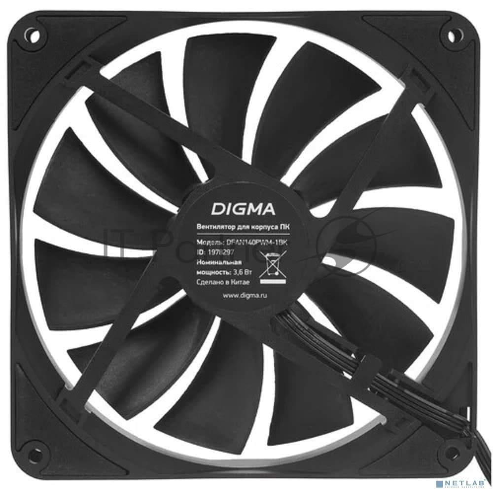 Вентилятор для корпуса Digma DFAN140PWM-1BK черный, 140 мм, 1500 об/мин, 28 дБ, 4 pin