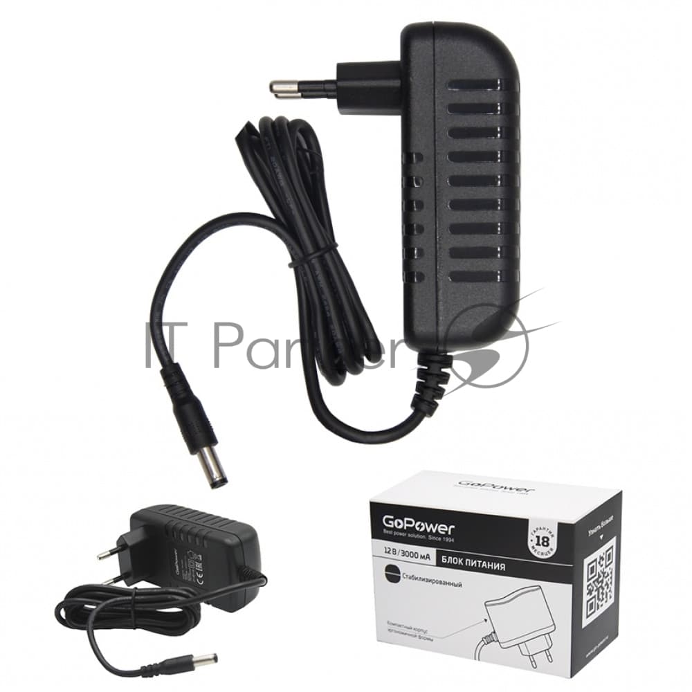 Блок питания GoPower 3.0A 12V 5,5x2,5/12мм импульсный (1/90)