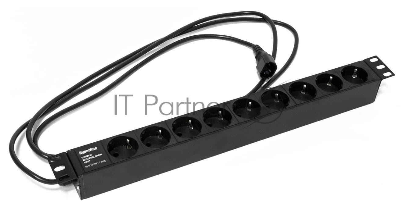 Hyperline SHE19-9SH-2.5IEC Блок розеток для 19" шкафов, горизонтальный, 9 розеток Schuko (10A), 250В, кабель питания 3х1.0мм2, длина 2.5 м, с вилкой IEC 320 C14, 482.6x44.4x44.4мм (ДхШхВ)