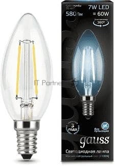 Лампа светодиодная Gauss LED Filament Свеча E14 7W 580lm 4100К 1/10/50
