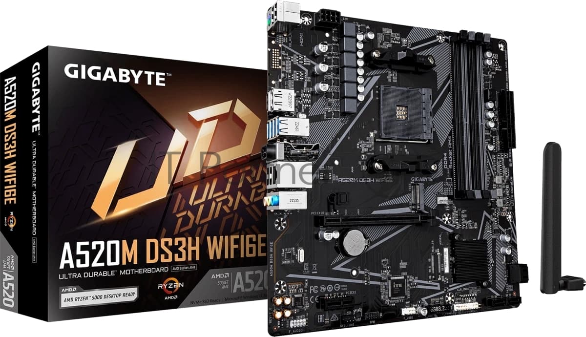 Материнская плата Gigabyte A520M DS3H WF6E A520, AM4, 4xDDR4, 1_PCI-Ex16,4_M.2, 6_USB3.2Gen1, 8_USB2.0, 4*SATA3.0, 1G, DP, HDMI, ATX, RTL