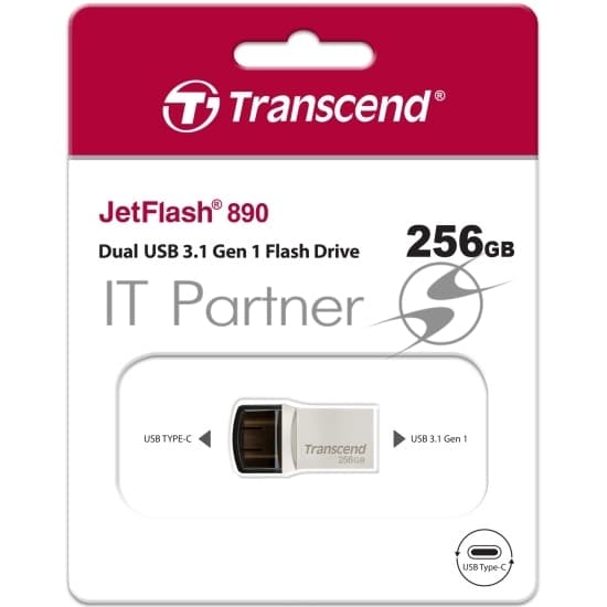 Флешка USB Transcend JetFlash 890S (TS256GJF890S), 256Gb, USB 3.1/Type-C, R/W 70/25, серый