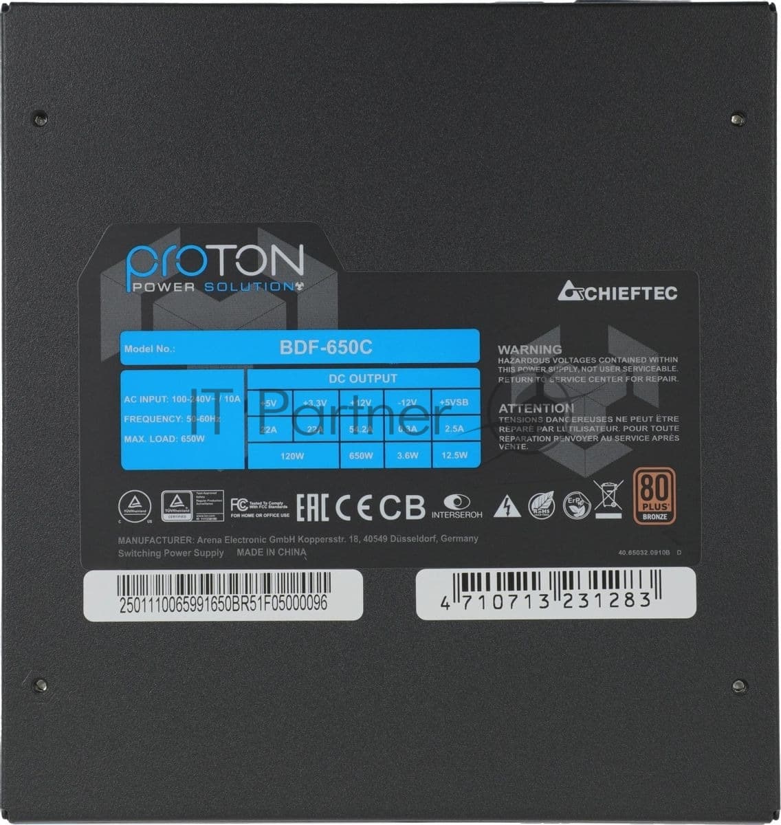 Блок питания Chieftec Proton BDF-650C, 650Вт, 80 PLUS Bronze, 140мм, модульный, черный