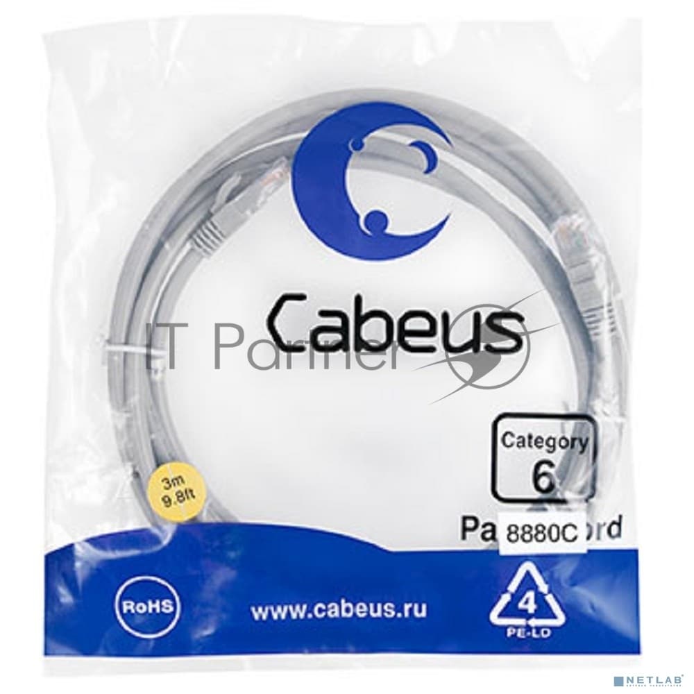 Шнур комм. Cabeus, cat.6, неэкр., U/UTP, RJ45/RJ45, 250 МГц, LSZH, AWG24, 3м, серый