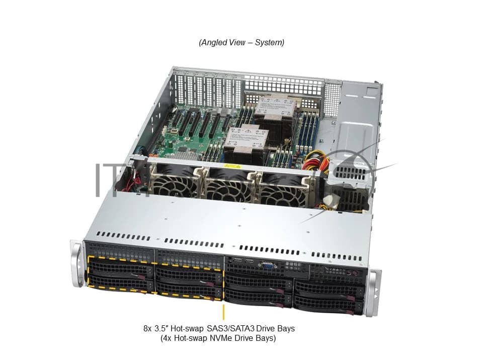 Серверная платформа SuperServer SYS-621P-TRT (X13DEI-T, CSE-825BTS-R1K23LPP1) (LGA-4677, Intel® C741, 16xDDR5 Up to 4TB ECC RDIMM, 8x3.5" SATA3/SAS/4*NVME, Optional DVD-ROM drive, optional support: 2 fixed 2.5" SATA,SAS/SSD/HDD, 2 M.2 NVMe, 2x 10GbE port(s), 4 PCIe 5.0 x16 LP, 2 PCIe 5.0 x8 LP, 1200W Redundant Power)
