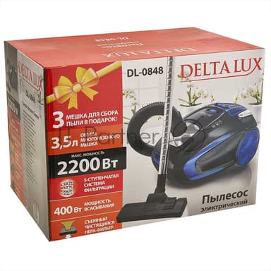 Пылесос Delta LUX DL-0848 черный/синий, 400/2200 Вт, уборка сухая, пылесборник мешок 3,5 л