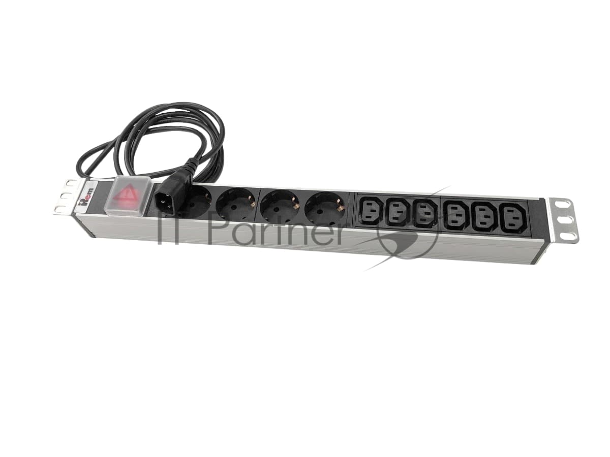 Гор блок розеток Rem-10, 1х10A, выкл, 4S, 6C13, 19", шнур 1,8м C14