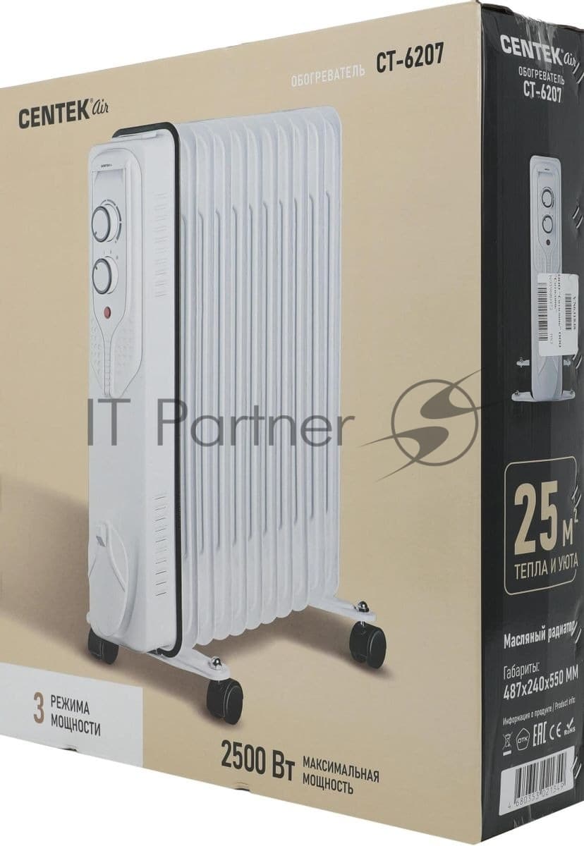 Масляный обогреватель Centek CT-6207 (11 секций) белый, 1000/1750/2500 Вт, 25 м2, 3 режима, термостат