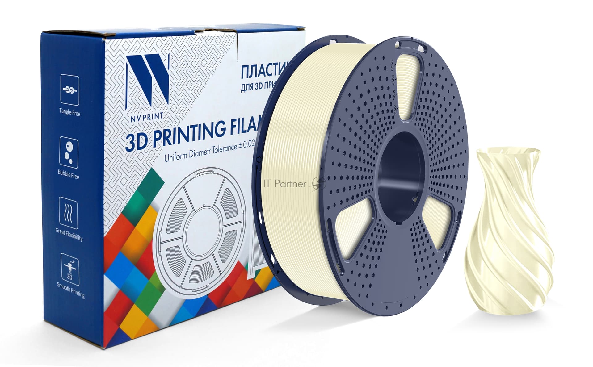 Филамент NVPrint TPU Silk Cream White для 3D печати диаметр 1.75мм длина 330 метров масса 1 кг