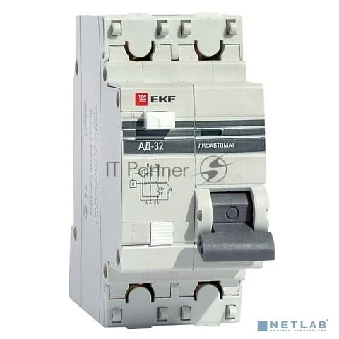 Выключатель автоматический дифференциального тока EKF DA32-25-30-pro АД-32 1P+N 25А/30мА (хар. C, AC, электронный, защита 270В) 4,5кА EKF PROxima